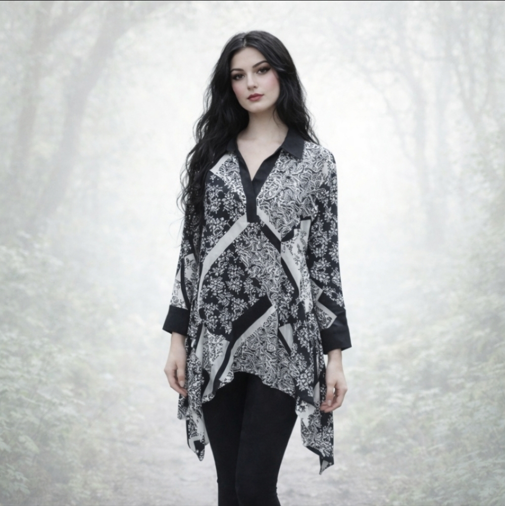 Investments Black/White Print V Neck Hi Low Bohemian Satin Flowy Tunic Sz XL